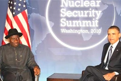 President Jonathan meets Barrack Obama at the Nuclear Summit last year.