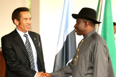 President Goodluck Jonathan welcoming the President of Botswana, Serete Khama, to the State House. (file photo)