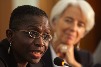 International Monetary Fund's Managing Director Christine Lagarde, right, listens to IMF Africa Director Antoinette Sayeh.