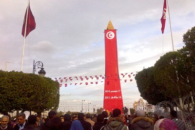 Tunisians swarm Bourguiba Avenue to commemorate the second anniversary of the revolution.