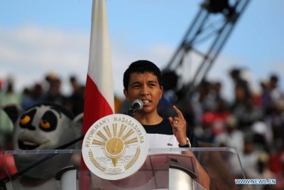 File photo taken on Dec. 15, 2012 shows Madagascar's transitional president Andry Rajoelina delivering a speech in Antananarivo, capital of Madagascar. The candidacy of Madagascar's transitional president Andry Rajoelina who announced not to run the elecion in January 2013, showed officially by the electoral special court on Friday created reactions from politicians from other horizons here. Analysts said that his decision would upset the elections scheduled in July.