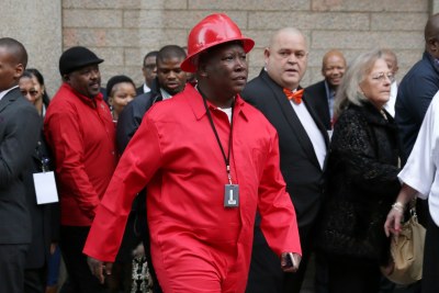 Economic Freedom Fighters' leader Julius Malema wearing overalls, gumboots and hard hat at the State of the Nation at Parliament, Cape Town (file photo).