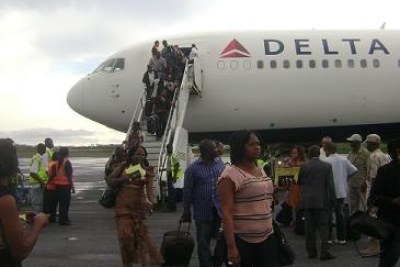 Delta Airlines flight at the Roberts International Airport. The American airline has stopped flying the Liberia route (file photo).