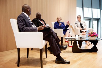Presentation of the Report of the Commission on Global Security, Justice and Governance by the two co-chairs - former U.S. Secretary of State Madeleine Albright (with microphone) and former Nigerian Foreign Minister and UN Under-Secretary-General brahim Gambari (center).