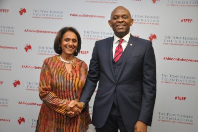 R-L: Founder, The Tony Elumelu Foundation and Chairman, Heirs Holdings Limited, Mr. Tony O. Elumelu, CON; CEO, Tony Elumelu Foundation, Parminder Vir; during the press conference held in Lagos on Wednesday, announcing the entrepreneurship boot camp for the 1,000 selected Tony Elumelu Entrepreneurs representing all 36 Nigerian states and 51 African countries scheduled for July 10-12 in Ota, Ogun State.