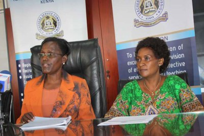 Teachers Service Commission Chairperson Dr Lydia Nzomo (left) with the commission's Chief Executive Officer Nancy Macharia at a press conference at the TSC Head office in Nairobi, on September 5, 2015. TSC was on September 5, 2015 evening processing salaries for teachers whose names appeared in the list submitted by county directors of education.