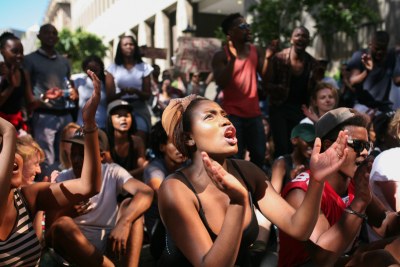 Students gathered in Cape Town's Parliamentary precinct to protest against university fee increases in August 2016.