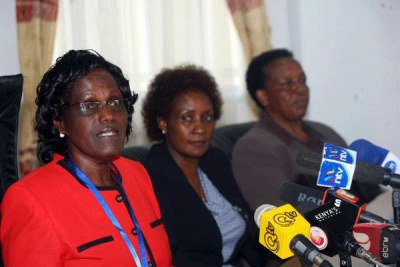 Teachers Service Commission Chairperson Lydia Nzomo (left), Chief Executive Officer Nancy Macharia (centre) and Commissioner Salome Gichura addressing journalists at the Commission's head offices (file photo).