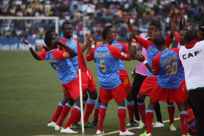 DR Congo players celebrate one of their goals against Ethiopia in the first match: 2016 CHAN in Rwanda.