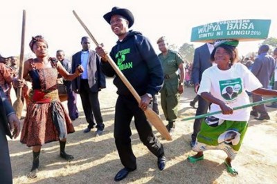 President Edgar Lungu dances with supporters (file photo)