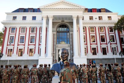 Members of the South African National Defence Force rehearse outside the National Assembly in Parliament (file photo).