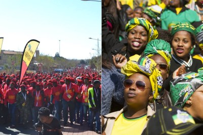 Left: Economic Freedom Fighters supporters. Right: African National Congress supporters.