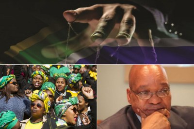 Top: Title image of former Public Protector Thuli Madonsela's 'State Capture' report. Bottom-left: ANC supporters. Bottom-right: President Jacob Zuma.