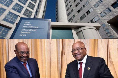 Top: International Criminal Court in the Hague. Bottom: President of Sudan Omar Al-Bashir, left, and South African President Jacob Zuma, right.