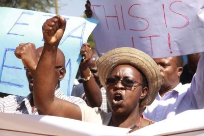 Moi University employees belonging to University Academic Staff Union demonstrate in Eldoret.