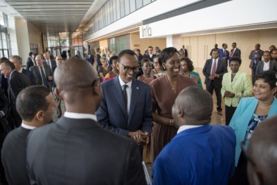 President Paul Kagame with the First Lady, Jeannette Kagame, exchanging greetings with diplomats.