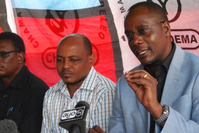 Chadema Secretary General Vincent Mashinjis at a press conference. The party has condemned the  arrest of  Lissu, claiming the move was aimed at frustrating the opposition from advocating for the rule of law in the country.