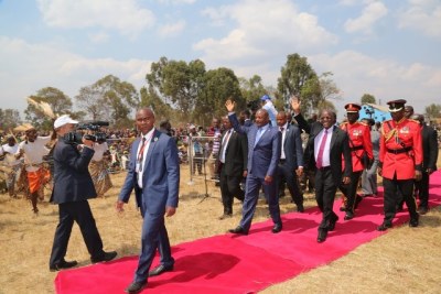 President John Magufuli and visiting Burundian President Pierre Nkurunziza arrive at the Ngara Old Post grounds in Kagera to address a public rally.