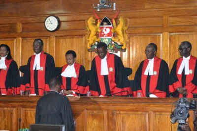 Supreme Court judges in Uhuru Kenyatta and Raila Odinga's August poll petition case.