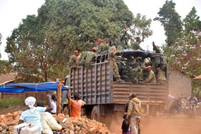 Military police officers patrol mining sites in Mubende District after evicting artisanal miners recently.
