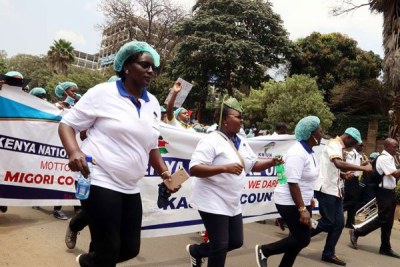 Striking nurses protest outside Afya House in Nairobi.