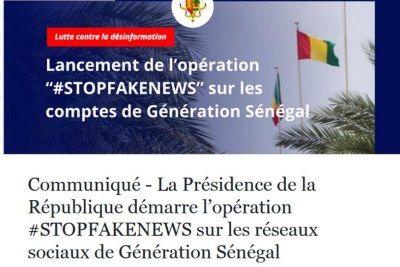 Caputre d'écran du communiqué publié par la présidence sénégalaise sur Facebook.