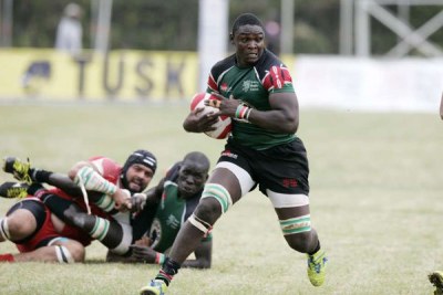 Kenya Simba's Mike Okombe in action against Tunisia during their Confederation of African Rugby match on June 28, 2015 at RFUEA grounds.