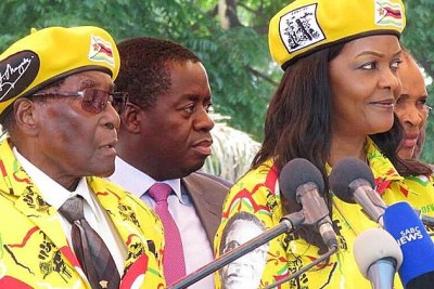 President Robert and Mrs Grace Mugabe at a rally at the ruling party headquarters after the sacking of the Vice President.
