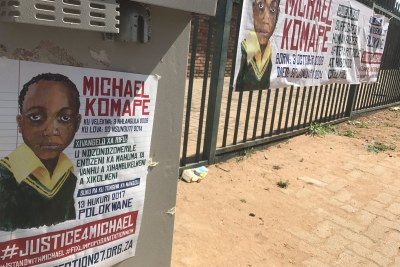 Posters commemorating Michael Komape who died after he fell into a pit toilet at Mahlodumela Primacy School in Chebeng Village, outside Polokwane, on 20 January 2014.