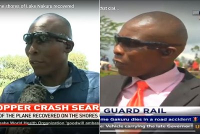 Left: Dennis Muigai Ngengi speaking as a witness in Nakuru, where a helicopter crashed into Lake Nakuru. Right: Ngengi speaks in Murang’a where Nyeri Governor Wahome Gakuru died.