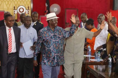 Opposition leader Raila Odinga, Kisumu Governor Anyang’ Nyong’o (right) and Speaker Onyango Oloo (left) at the Kisumu County Assembly on December 4, after Mr Odinga addressed the House.