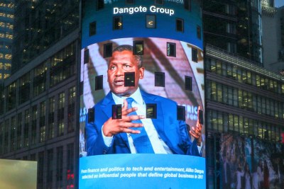 A photo of business tycoon Aliko Dangote was displayed in Times Square, New York after he appeared on the Bloomberg 50 list of the most influential people in 2017.