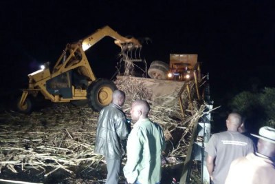 The scene of the crash where a matatu rammed into a track ferrying sugar cane at Kamukuywa bridge along the Kitale-Webuye.