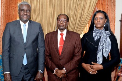 From left Chairperson of the AU Commission Moussa Faki Mahamat, former president Robert Mugabe and his wife Grace Mugabe (file photo).