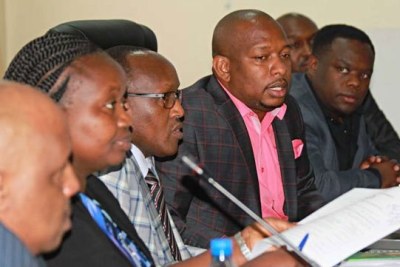 Nairobi Governor Mike Mbuvi Sonko in a meeting with some of his executives. Several of them were moved in a February 27 reshuffle.