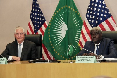 U.S. Secretary of State Rex Tillerson and African Union Commission Chairperson Moussa Faki Mahamat participate in a press availability at the African Union Commission Headquarters in Addis Ababa, Ethiopia on March 8, 2018. [State Department photo/ Public Domain]