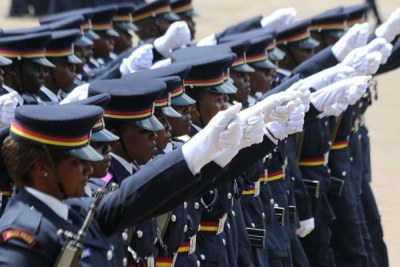 Police recruits during a parade at the Police Training College, Kiganjo.