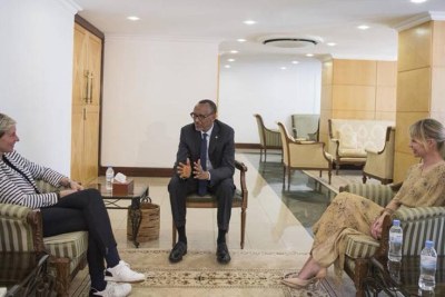 President Kagame meets with Ellen DeGeneres and Portia De Rossi who are on holiday in Rwanda and visited the site of the upcoming Ellen DeGeneres Campus of the Dian Fossey Gorilla Fund.