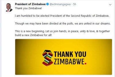 President Emmerson Mnangagwa's message on Twitter after being declared winner in the presidential election.