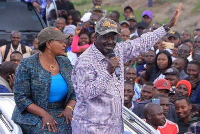 Nasa leader Raila Odinga addresses supporters at Mlolongo in the company of Machakos governor candidate in the last elections Wavinya Ndeti (file photo).