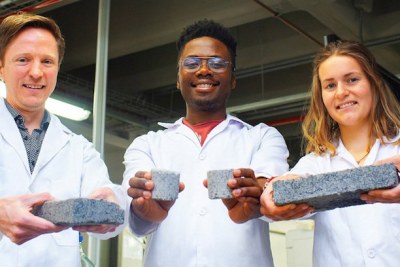 The world’s first bio-brick made using human urine was unveiled at UCT. In picture are (from left) the Department of Civil Engineering’s Dr Dyllon Randall and his students, Vukheta Mukhari and Suzanne Lambert.