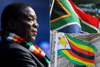 Left: Zimbabwean President Emmerson Mnangagwa. Top-right: Flag of South Africa. Bottom-right: Flag of Zimbabwe.