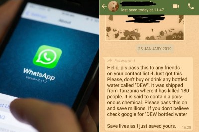 Left: Opening WhatsApp. Right: An example of a chain message sent on WhatsApp debunked using a fact-checking site like Snopes.com