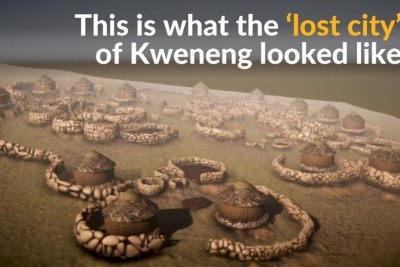 Screenshot from a Reuters video showing a 3D render of what the stone settlement of Kweneng may have looked like.
