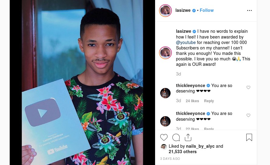 South Africa Lasizwe Awarded Silver Play Button From Youtube For Reaching 100k Subscribers Allafrica Com South Africa Lasizwe Awarded Silver Play Button From Youtube For Reaching 100k Subscribers Allafrica Com