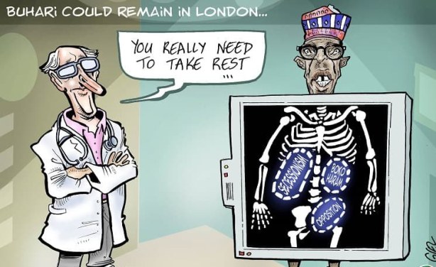 Image result for Buhari's foreign trips for treatment cartoon