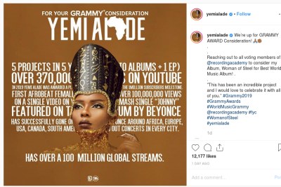 Yemi Alade has her eyes set on a Grammy.