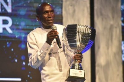 Eliud Kipchoge speaks after he was crowned the Sports personality of the Year at the Soya gala in Mombasa on January 24.