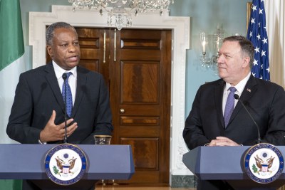 Secretary of State Michael R. Pompeo and Nigerian Minister of Foreign Affairs Geoffrey Onyeama deliver statements to the press, at the Department of State, in Washington D.C., on February 4, 2020.