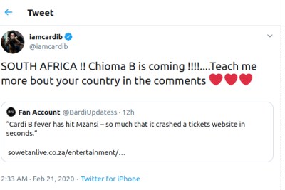 Screenshot of Cardi B announcing her Mzansi's performance.